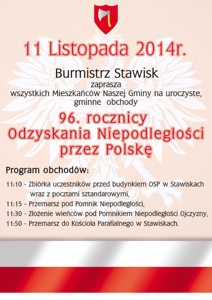 Burmistrz Stawisk zaprasza na uroczyste obchody 96. rocznicy Odzyskania Niepodległości przez Polskę