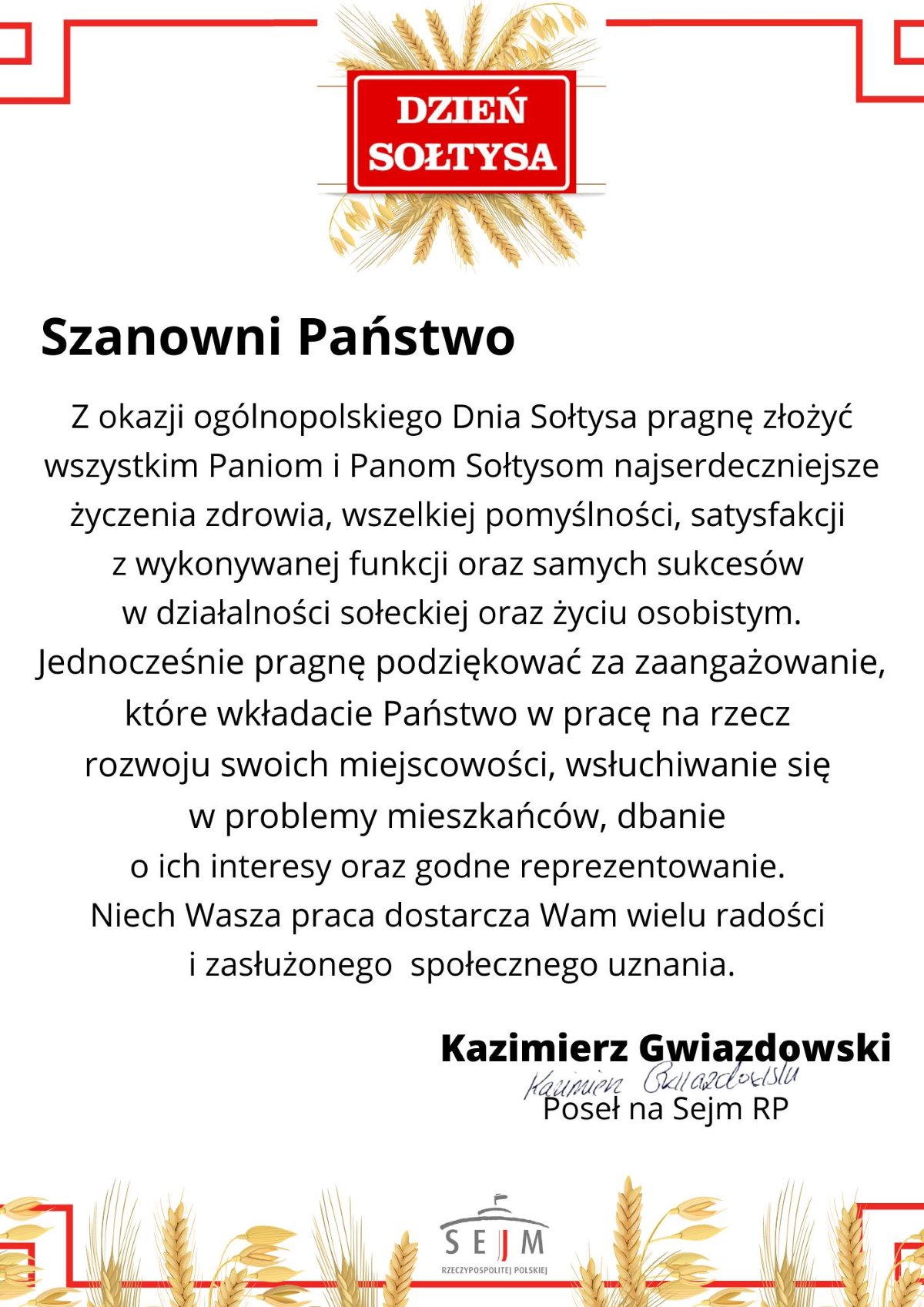 Życzenia Posła na Sejm RP Kazimierza Gwiazdowskiego z okazji Dnia Sołtysa